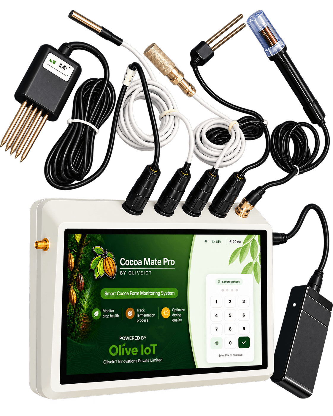 CocoaMate Pro cocoa monitoring device with display and sensor probes