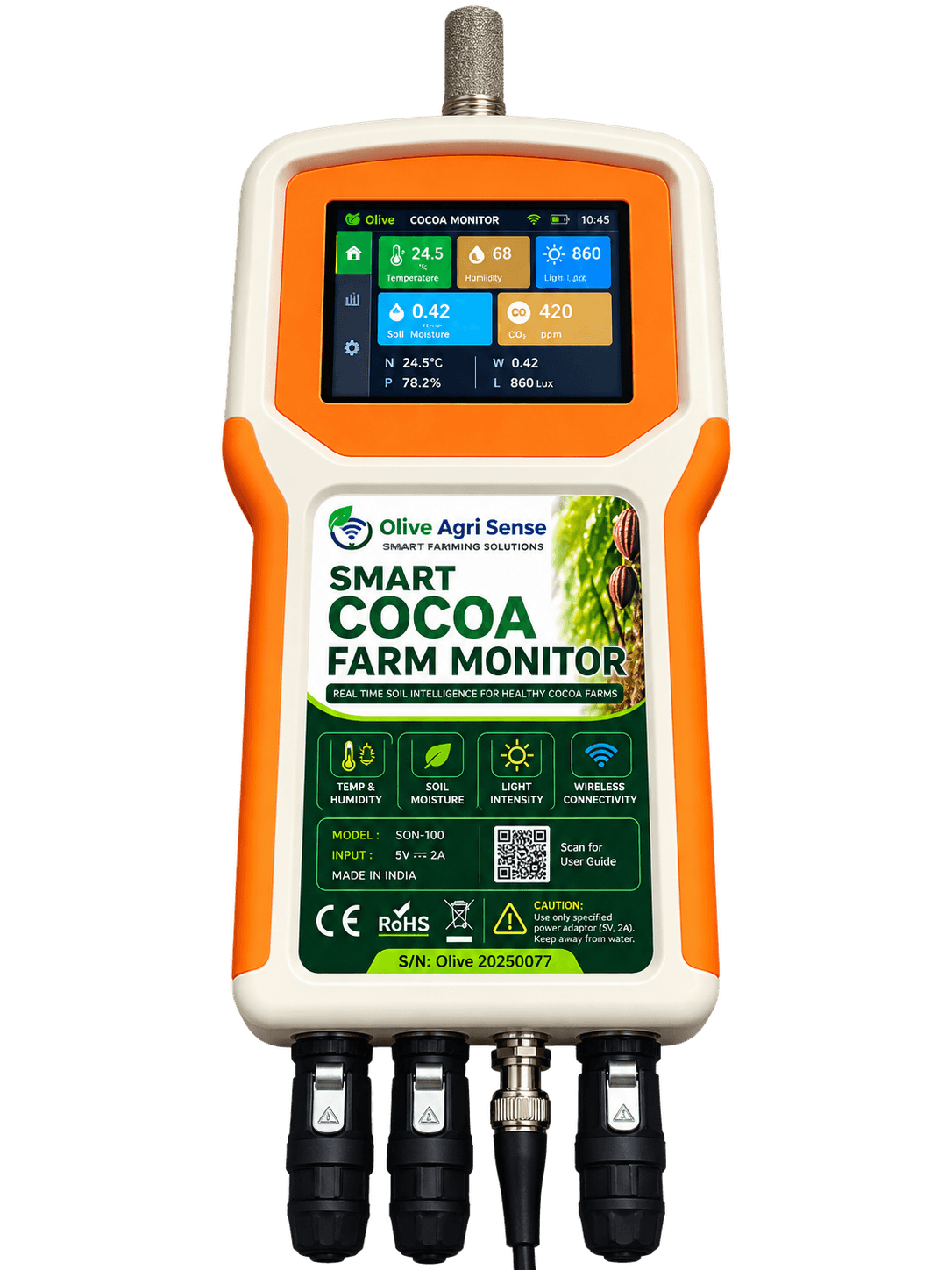 CocoaMate Mini handheld cocoa monitoring device with touch TFT display